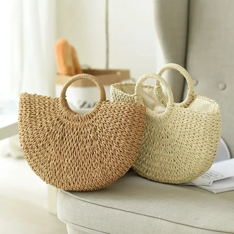 Christianartbag Handmade Bag, Summer & Autumn Handmade Bags for Women Beach Weaving Ladies Straw Bag Wrapped Beach Bag Moon shaped Top Handle Handbags Totes, CABHMB04141023.