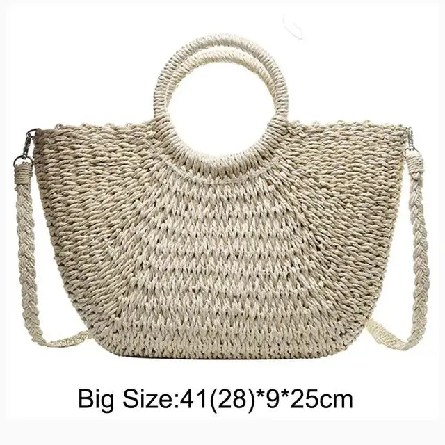 Christianartbag Handmade Bag, Summer & Autumn Handmade Bags for Women Beach Weaving Ladies Straw Bag Wrapped Beach Bag Moon shaped Top Handle Handbags Totes, CABHMB04141023.