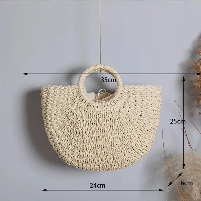 Christianartbag Handmade Bag, Summer & Autumn Handmade Bags for Women Beach Weaving Ladies Straw Bag Wrapped Beach Bag Moon shaped Top Handle Handbags Totes, CABHMB04141023.