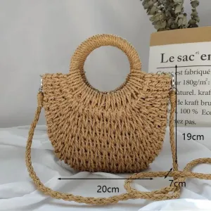 Christianartbag Handmade Bag, Summer & Autumn Handmade Bags for Women Beach Weaving Ladies Straw Bag Wrapped Beach Bag Moon shaped Top Handle Handbags Totes, CABHMB04141023.