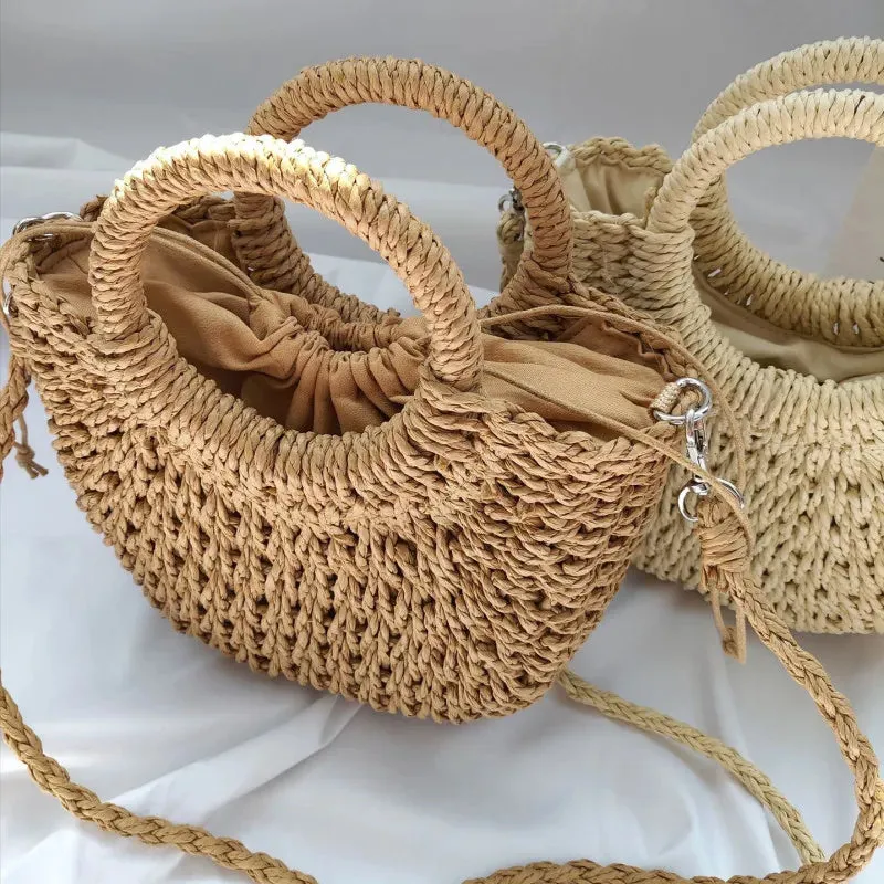 Christianartbag Handmade Bag, Summer & Autumn Handmade Bags for Women Beach Weaving Ladies Straw Bag Wrapped Beach Bag Moon shaped Top Handle Handbags Totes, CABHMB04141023.