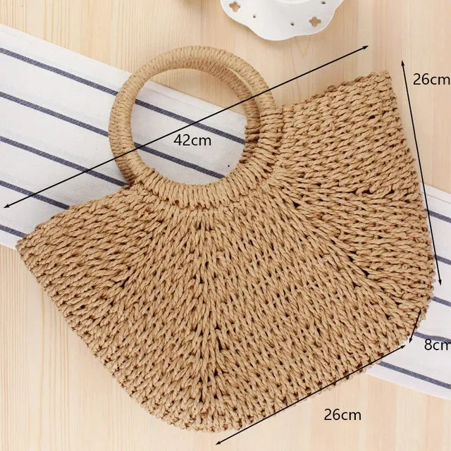 Christianartbag Handmade Bag, Summer & Autumn Handmade Bags for Women Beach Weaving Ladies Straw Bag Wrapped Beach Bag Moon shaped Top Handle Handbags Totes, CABHMB04141023.