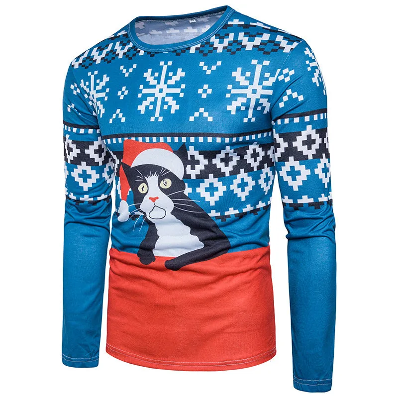 Christmas Clothes Male Casual 3D Special Cartoon Cat Printing Round Collar Long Sleeve T-shirt Photo Color_2XL