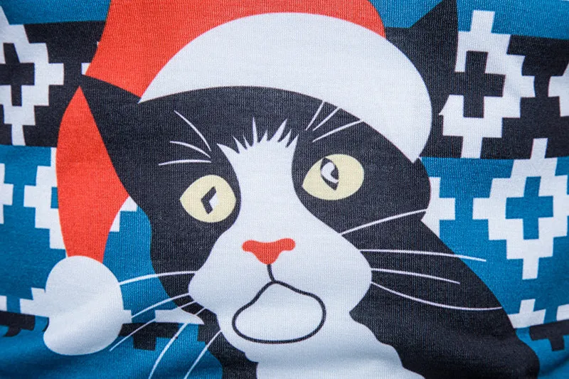 Christmas Clothes Male Casual 3D Special Cartoon Cat Printing Round Collar Long Sleeve T-shirt Photo Color_2XL