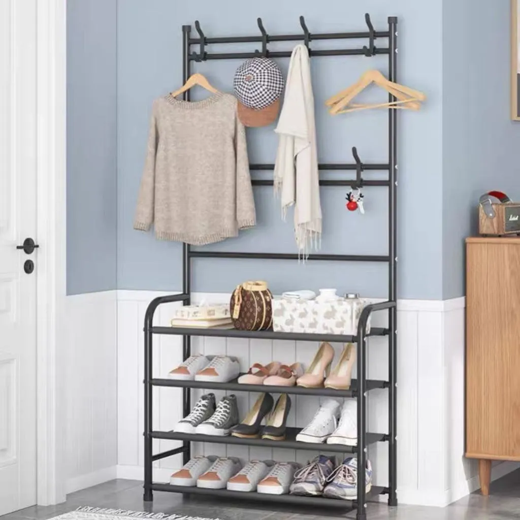 Clothes Rack with Shoe Rack Shelves (Black)