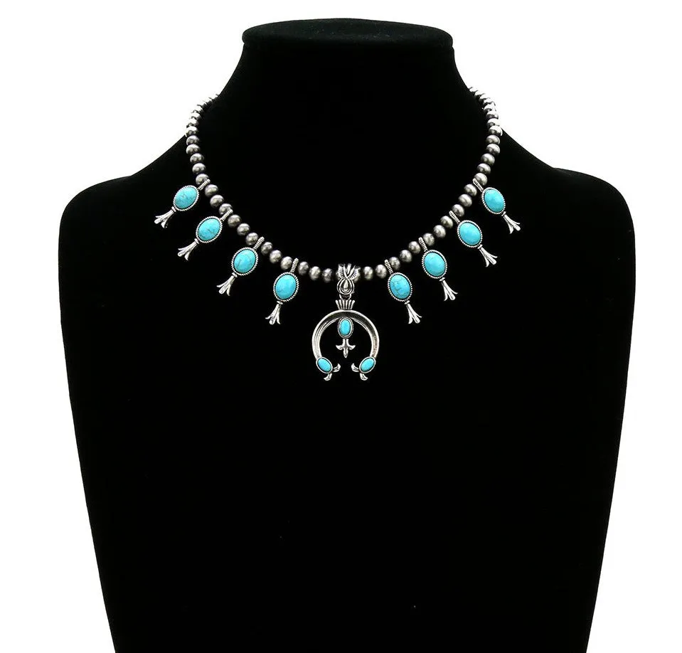 Copperl Fashion Silver Navajo Squash Blossom With 3 Stone Naja - Turquoise