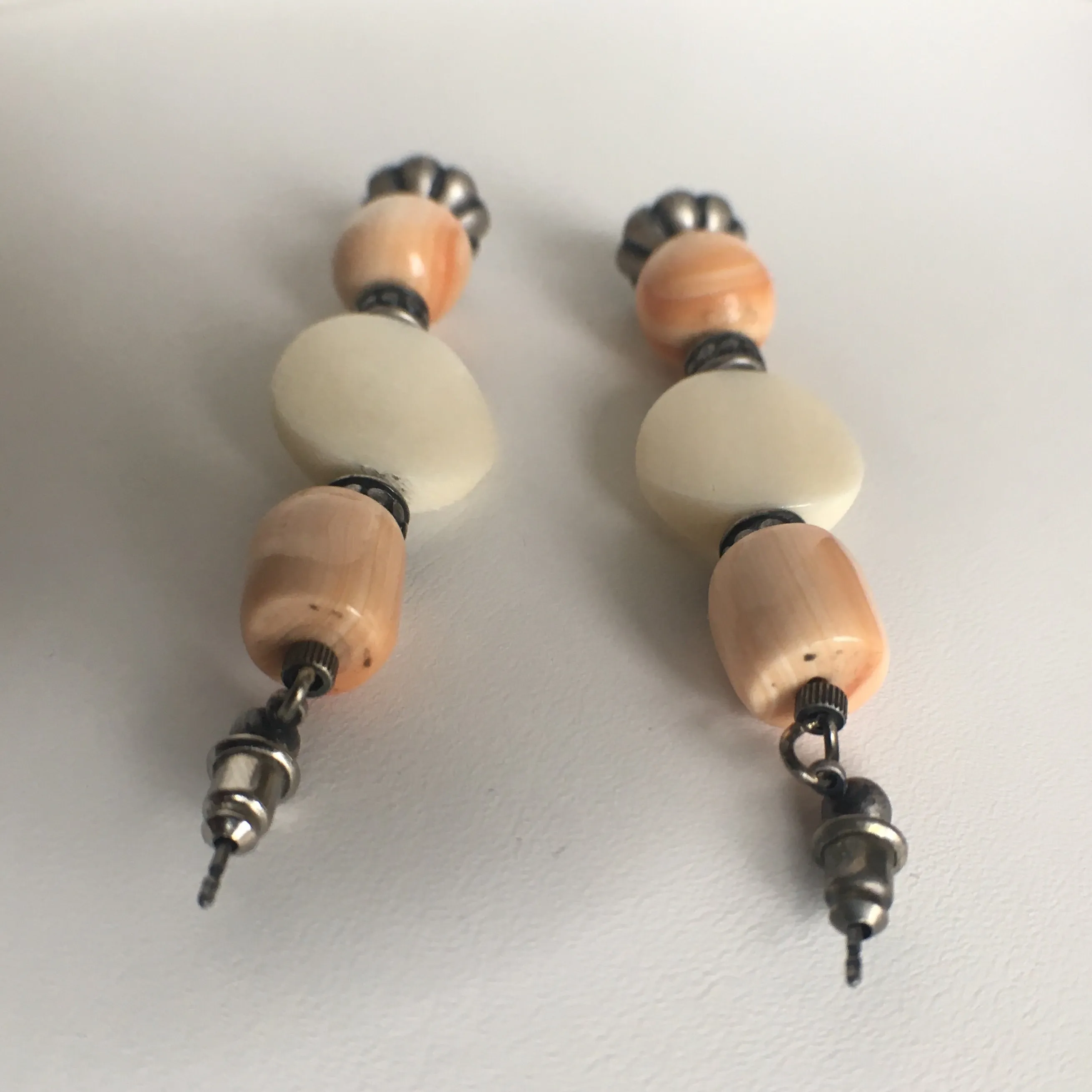 Coral and Bone Beaded Long Earrings