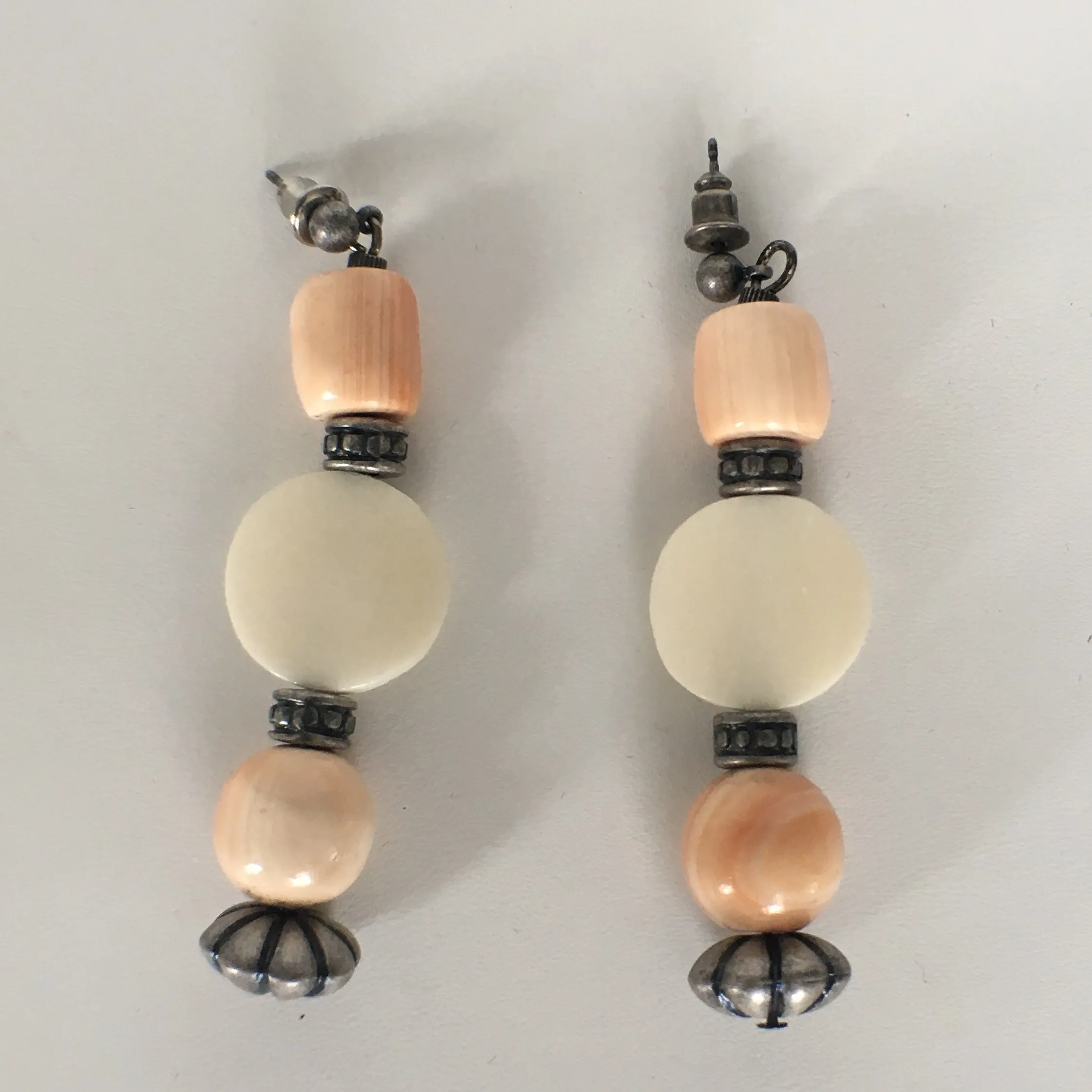 Coral and Bone Beaded Long Earrings