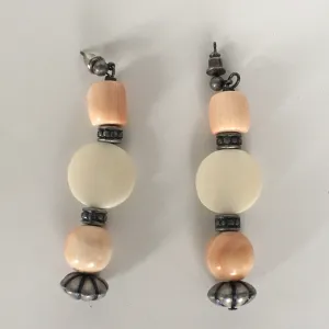 Coral and Bone Beaded Long Earrings