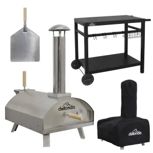 Dellonda Portable Wood-Fired Stainless Steel Pizza Oven with Cover/Carry Bag and Trolley