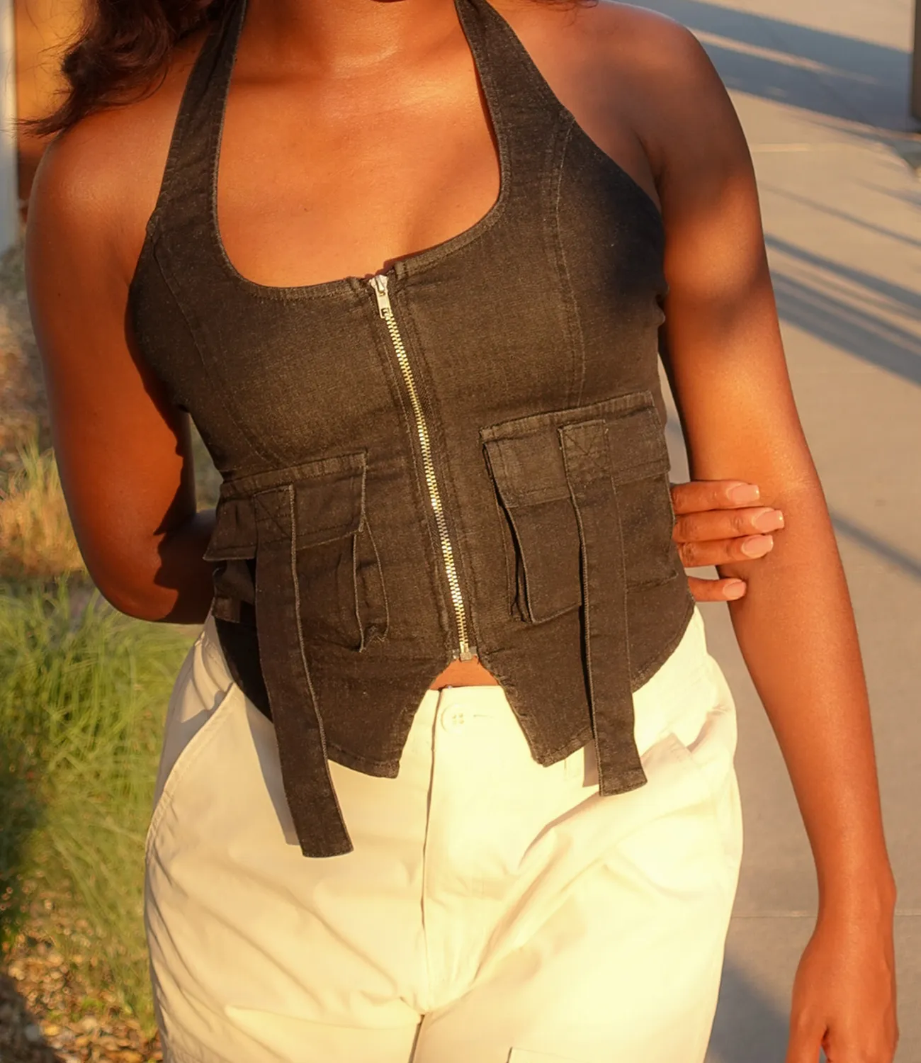 Denim Halter Top(Washed Black)
