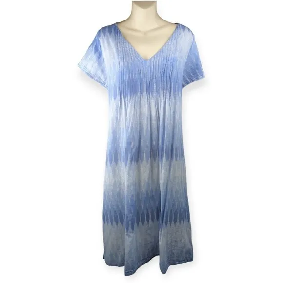 Dolma Gaia lkat Dye Tunic Dress Blue Tie Dye Pockets Voile Cotton Lightweight M