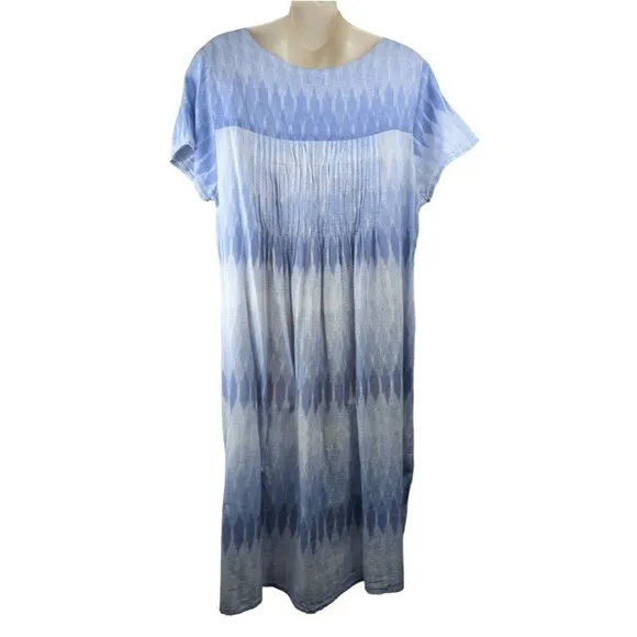 Dolma Gaia lkat Dye Tunic Dress Blue Tie Dye Pockets Voile Cotton Lightweight M