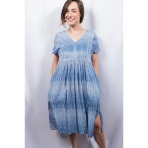 Dolma Gaia lkat Dye Tunic Dress Blue Tie Dye Pockets Voile Cotton Lightweight M