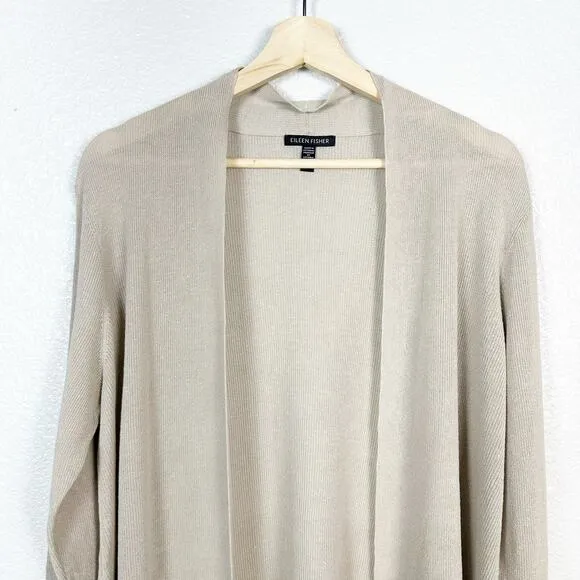 Eileen Fisher Women’s Organic Linen Cotton Knit Long Cardigan in Tan Size Large