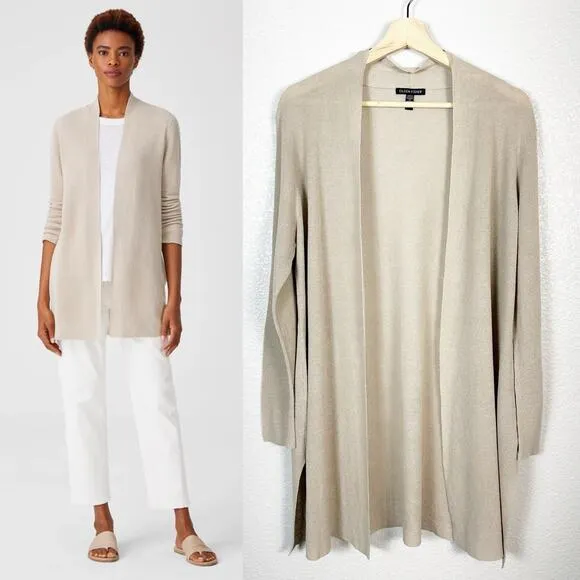 Eileen Fisher Women’s Organic Linen Cotton Knit Long Cardigan in Tan Size Large
