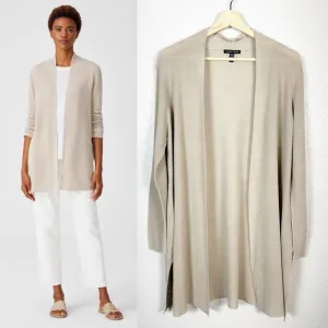 Eileen Fisher Women’s Organic Linen Cotton Knit Long Cardigan in Tan Size Large