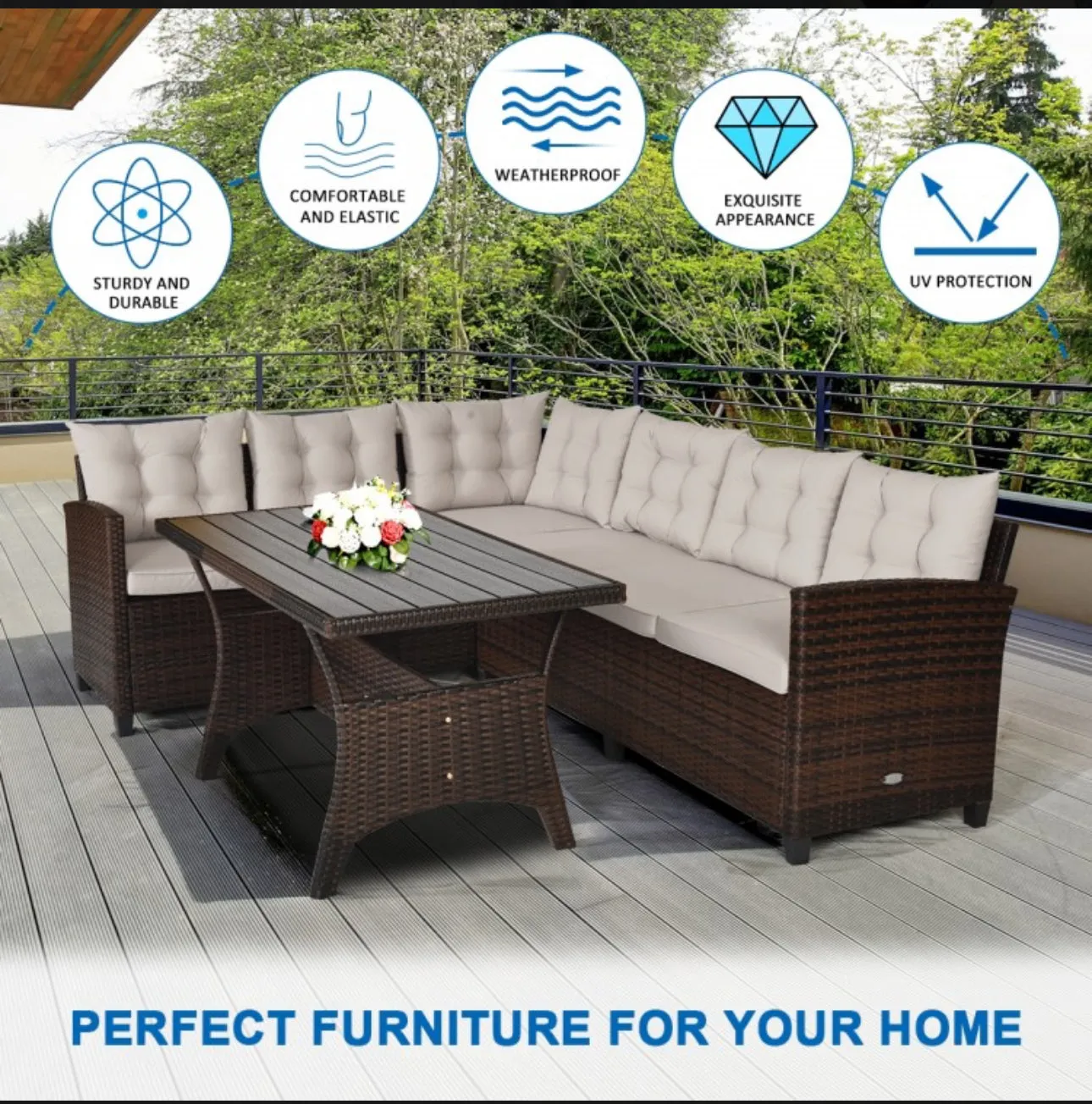 Elegant Comfortable Heavy Duty 3-Piece Hand-Woven Rattan, Wicker Outdoor Patio Sofa Furniture Set With Dining Table