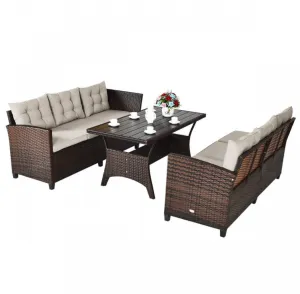Elegant Comfortable Heavy Duty 3-Piece Hand-Woven Rattan, Wicker Outdoor Patio Sofa Furniture Set With Dining Table