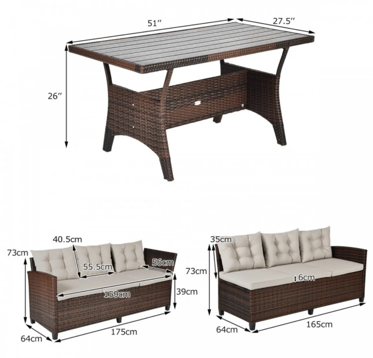 Elegant Comfortable Heavy Duty 3-Piece Hand-Woven Rattan, Wicker Outdoor Patio Sofa Furniture Set With Dining Table