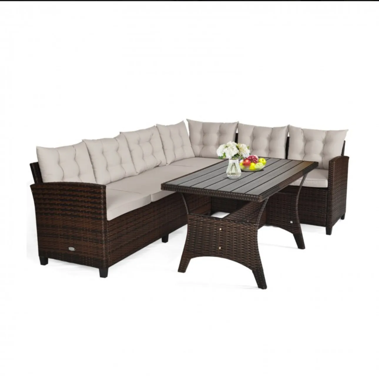 Elegant Comfortable Heavy Duty 3-Piece Hand-Woven Rattan, Wicker Outdoor Patio Sofa Furniture Set With Dining Table