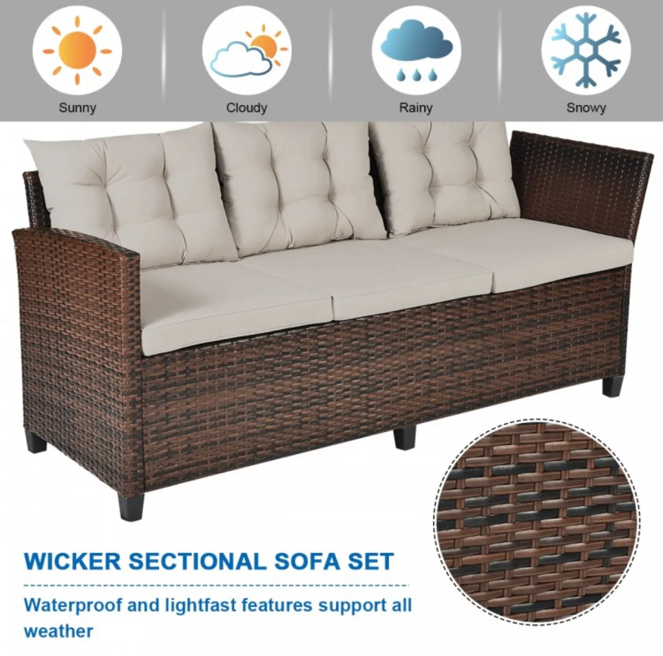 Elegant Comfortable Heavy Duty 3-Piece Hand-Woven Rattan, Wicker Outdoor Patio Sofa Furniture Set With Dining Table
