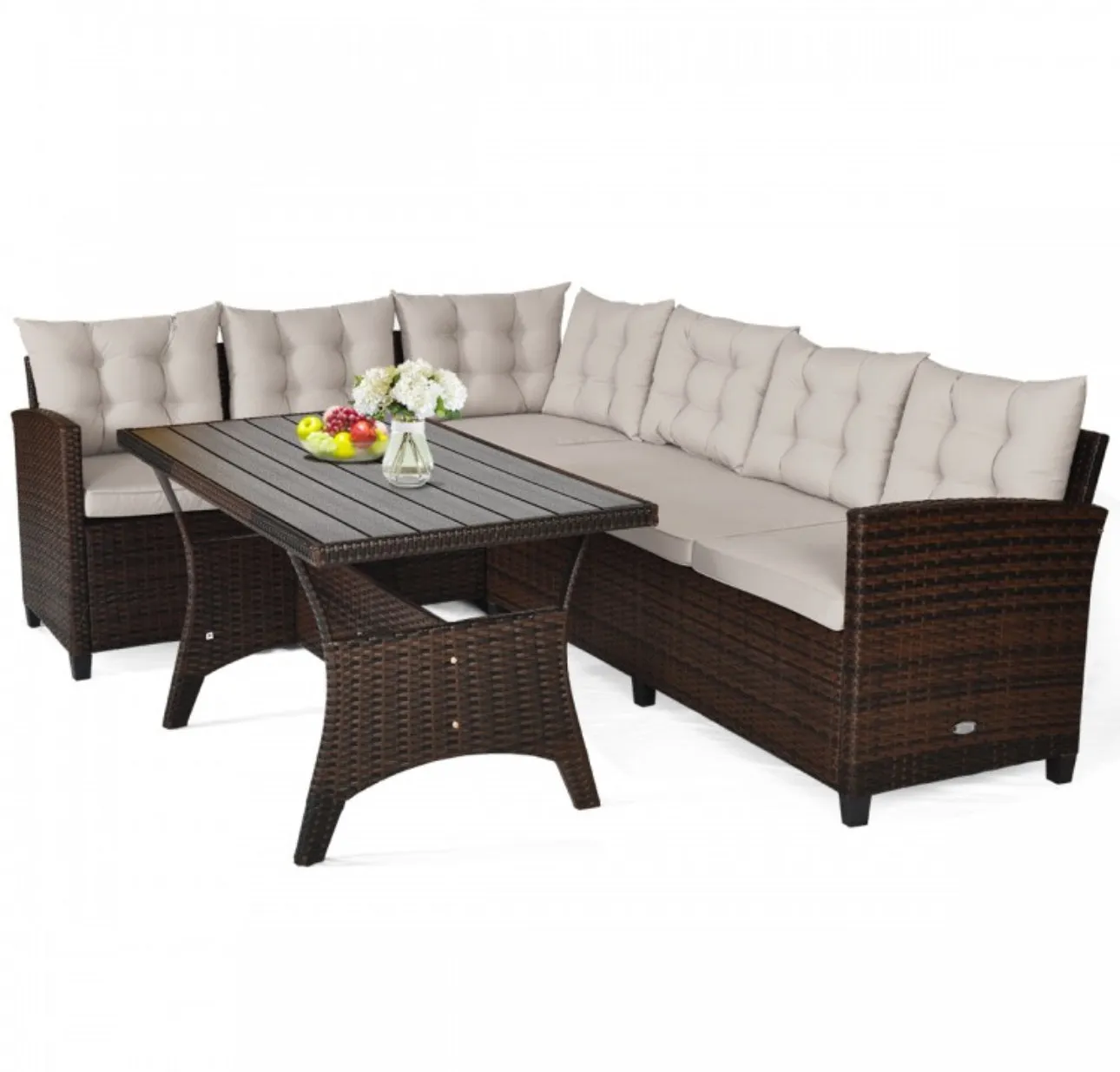 Elegant Comfortable Heavy Duty 3-Piece Hand-Woven Rattan, Wicker Outdoor Patio Sofa Furniture Set With Dining Table
