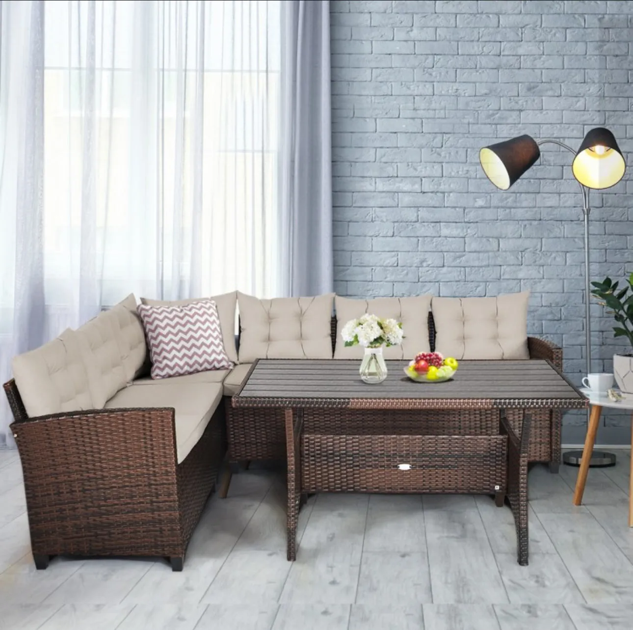 Elegant Comfortable Heavy Duty 3-Piece Hand-Woven Rattan, Wicker Outdoor Patio Sofa Furniture Set With Dining Table