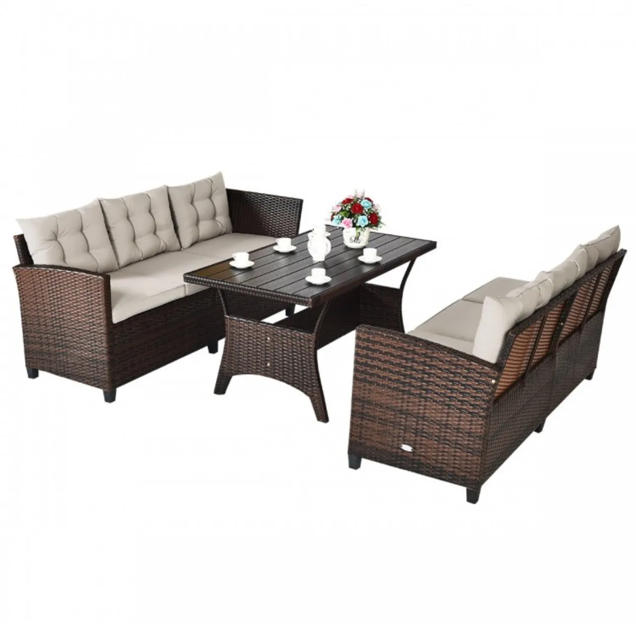 Elegant Comfortable Heavy Duty 3-Piece Hand-Woven Rattan, Wicker Outdoor Patio Sofa Furniture Set With Dining Table