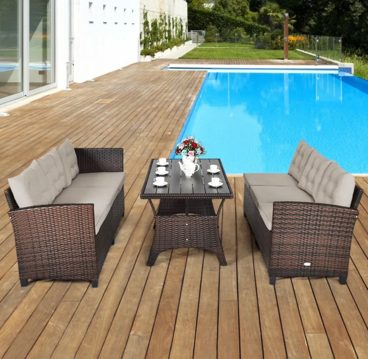 Elegant Comfortable Heavy Duty 3-Piece Hand-Woven Rattan, Wicker Outdoor Patio Sofa Furniture Set With Dining Table