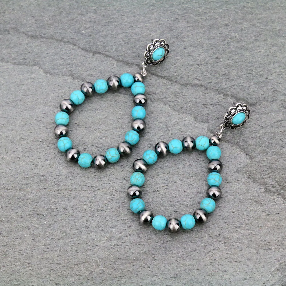 Fashion Silver / Turquoise Post Hoop Bead Earrings