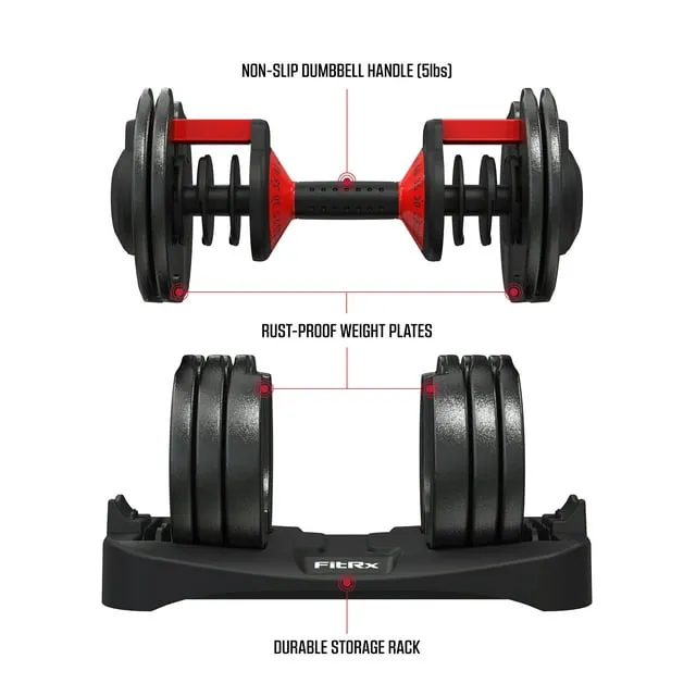 FitRx SmartBell, Quick-Select Adjustable Dumbbell for Home Gym, 5-52.5 lbs. Weight, Black, Single - display_model