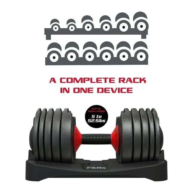 FitRx SmartBell, Quick-Select Adjustable Dumbbell for Home Gym, 5-52.5 lbs. Weight, Black, Single - display_model
