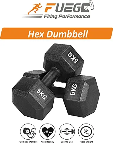 FUEGO Dumbbells, Black PVC Hex Dumbbell Set, 1 Pair Hex Dumbbells, Dumbbells, Home Gym () (BLACK 5KGS PAIR)