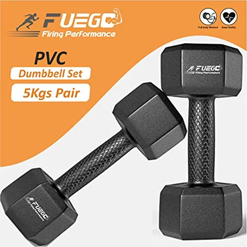 FUEGO Dumbbells, Black PVC Hex Dumbbell Set, 1 Pair Hex Dumbbells, Dumbbells, Home Gym () (BLACK 5KGS PAIR)