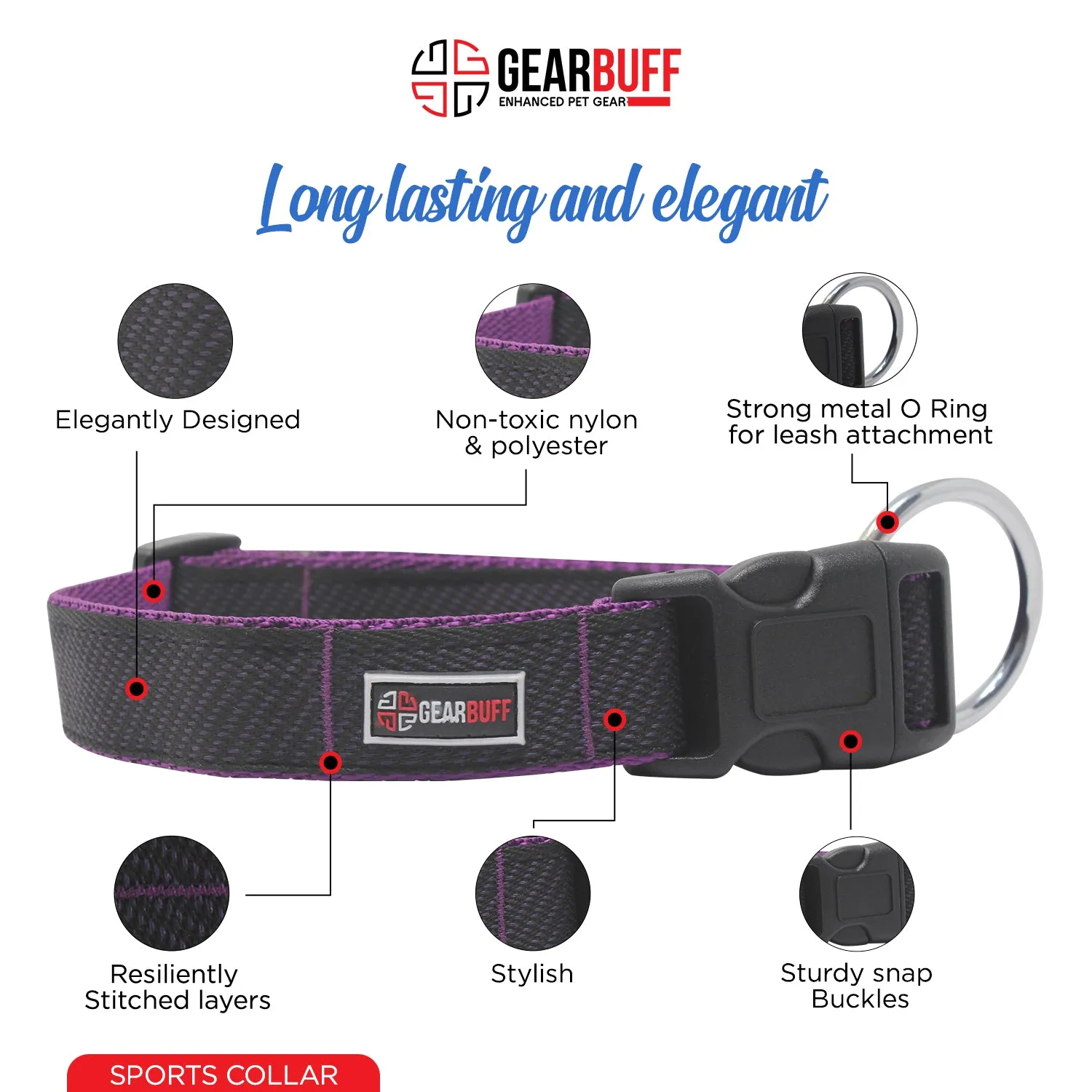 GEARBUFF Sports Collar for Dogs, Black & Purple