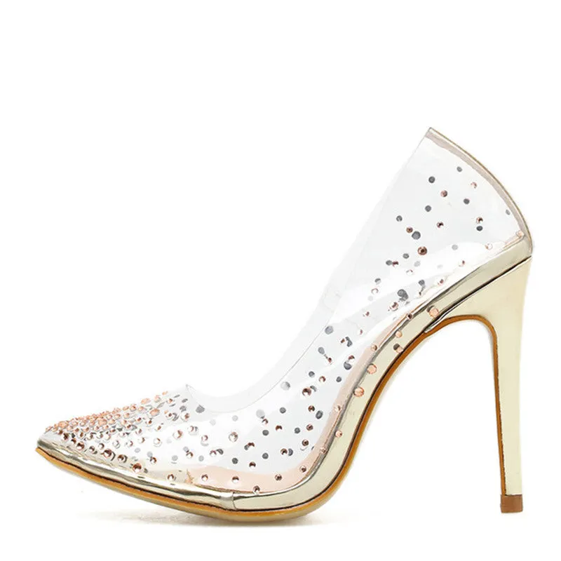 Golden Rhinestone PVC transparent Women Pumps Shoes