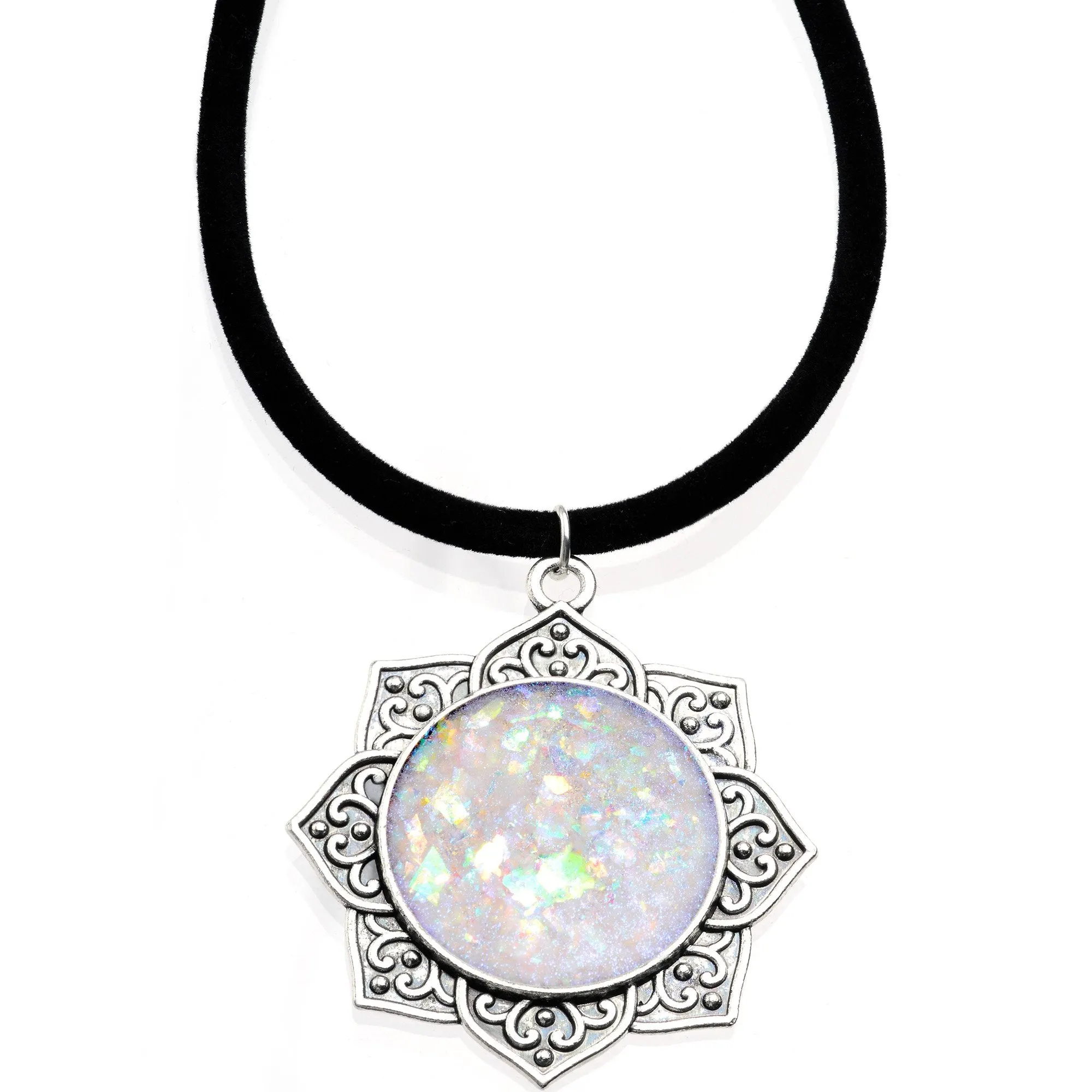Handcrafted White Faux Opal Lotus Flower Love Velveteen Cord Necklace 16