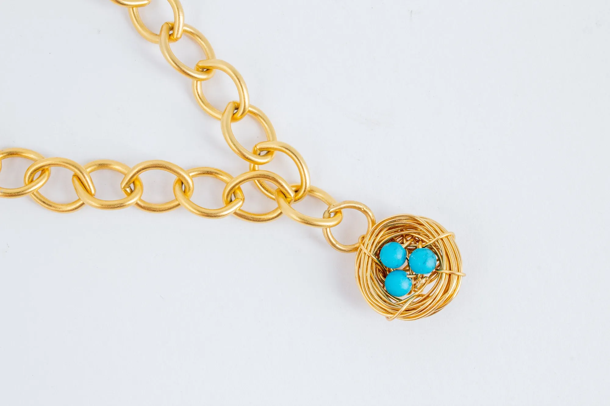 Handmade Birds Nest Pendant on Link Bracelet