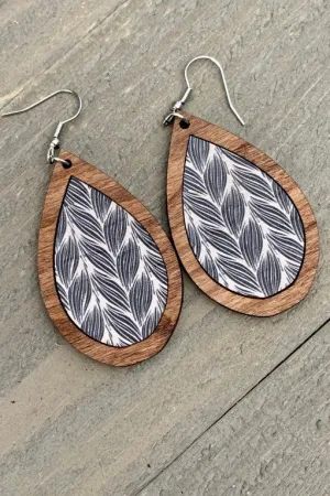 Handmade Cork & Wood Leaf Dangle Earrings- Black & White Braid