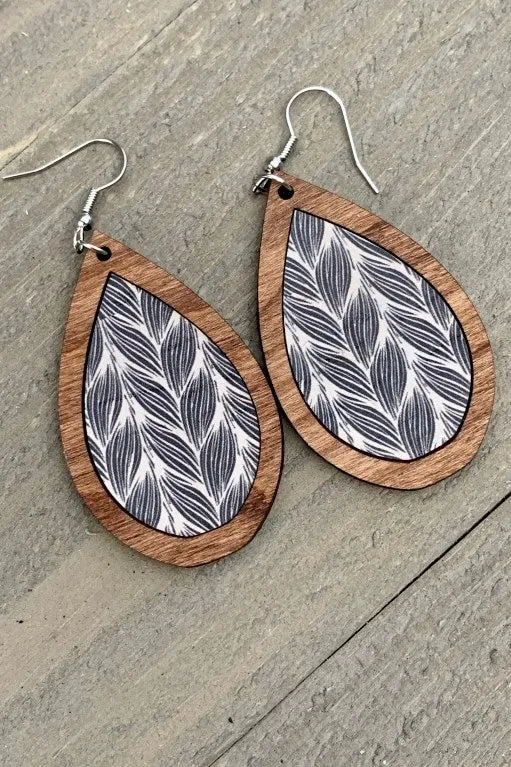 Handmade Cork & Wood Leaf Dangle Earrings- Black & White Braid