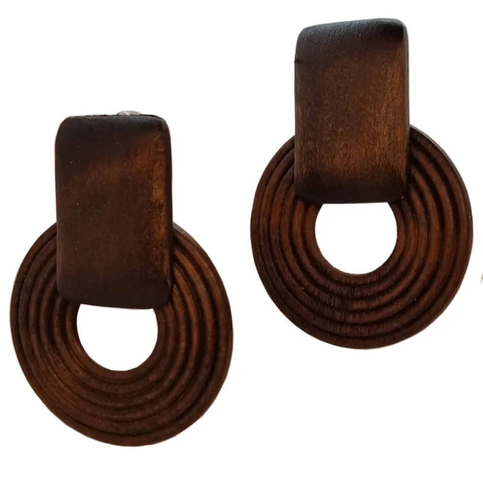 Handmade Ethnic Wooden Drop Earrings - Brown
