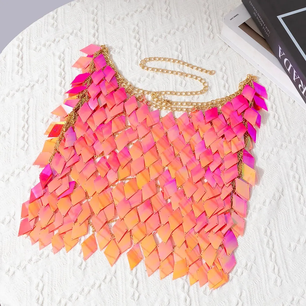 Handmade Orange Rhombic Sequins Patchwork Strappy Nightclub Party Skirt