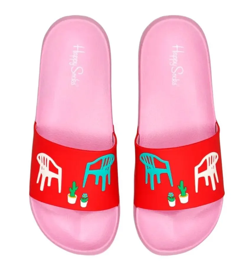 HAPPY SOCKS Men's Pink Balcony Chairs Comfortable Slides Size 9 NWT