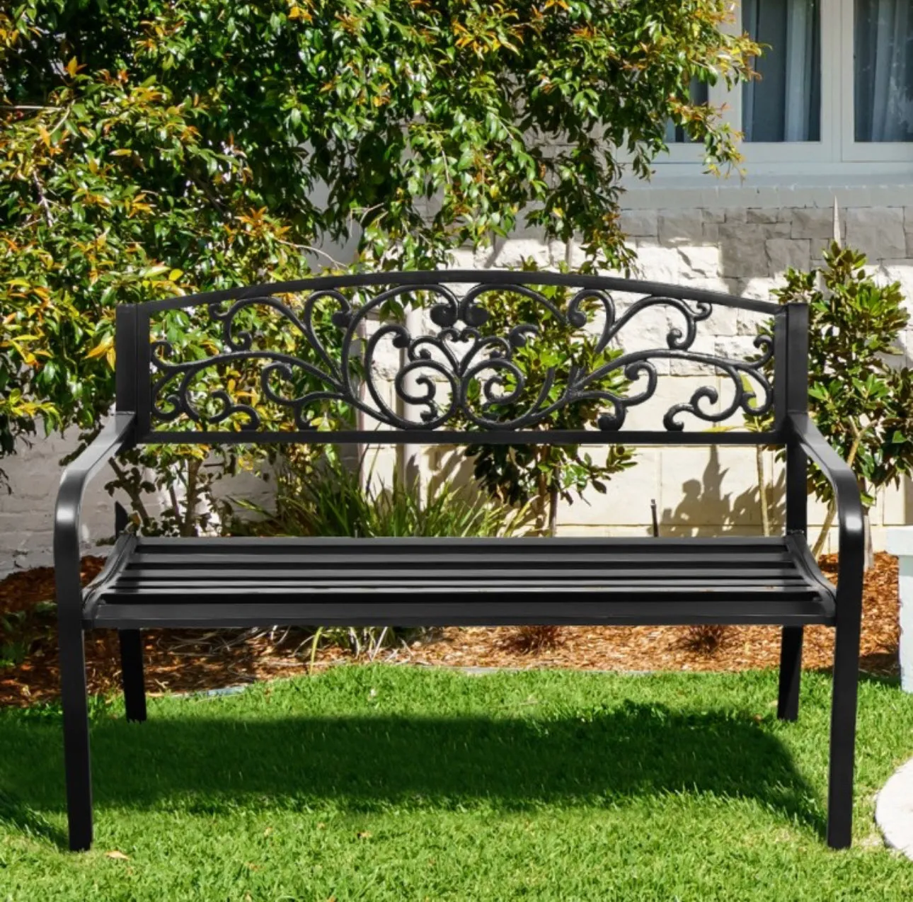 Heavy Duty 50 Inch Weather Resistant Steel Frame Cast Iron Back Rest Patio Bench Porch Chair | Beautiful Design