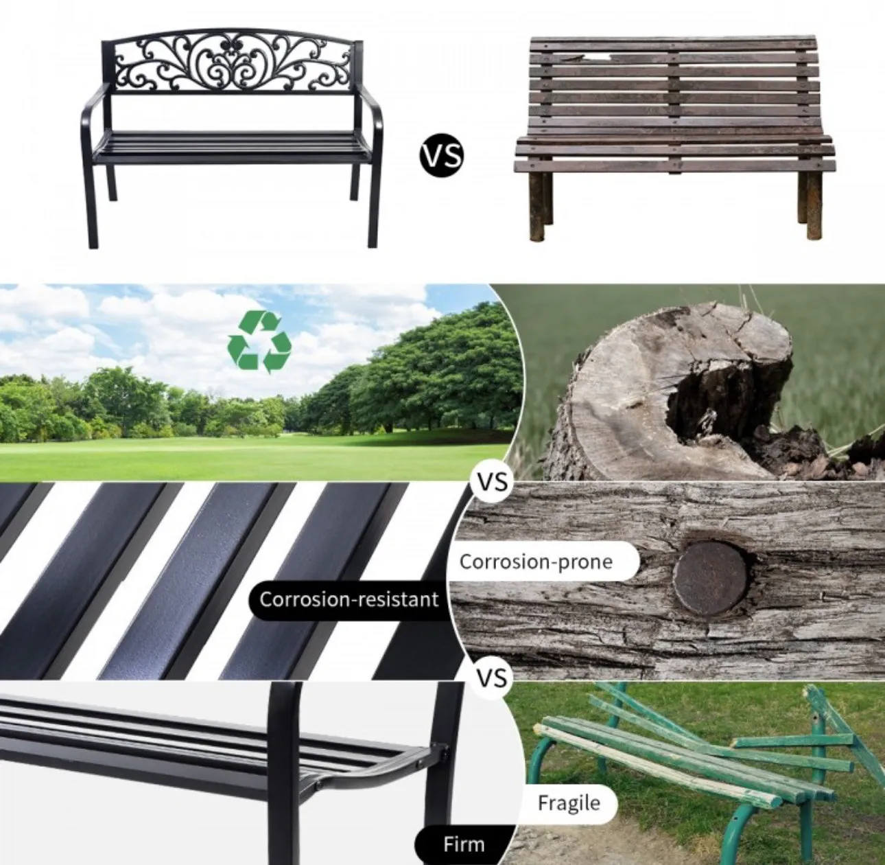 Heavy Duty 50 Inch Weather Resistant Steel Frame Cast Iron Back Rest Patio Bench Porch Chair | Beautiful Design