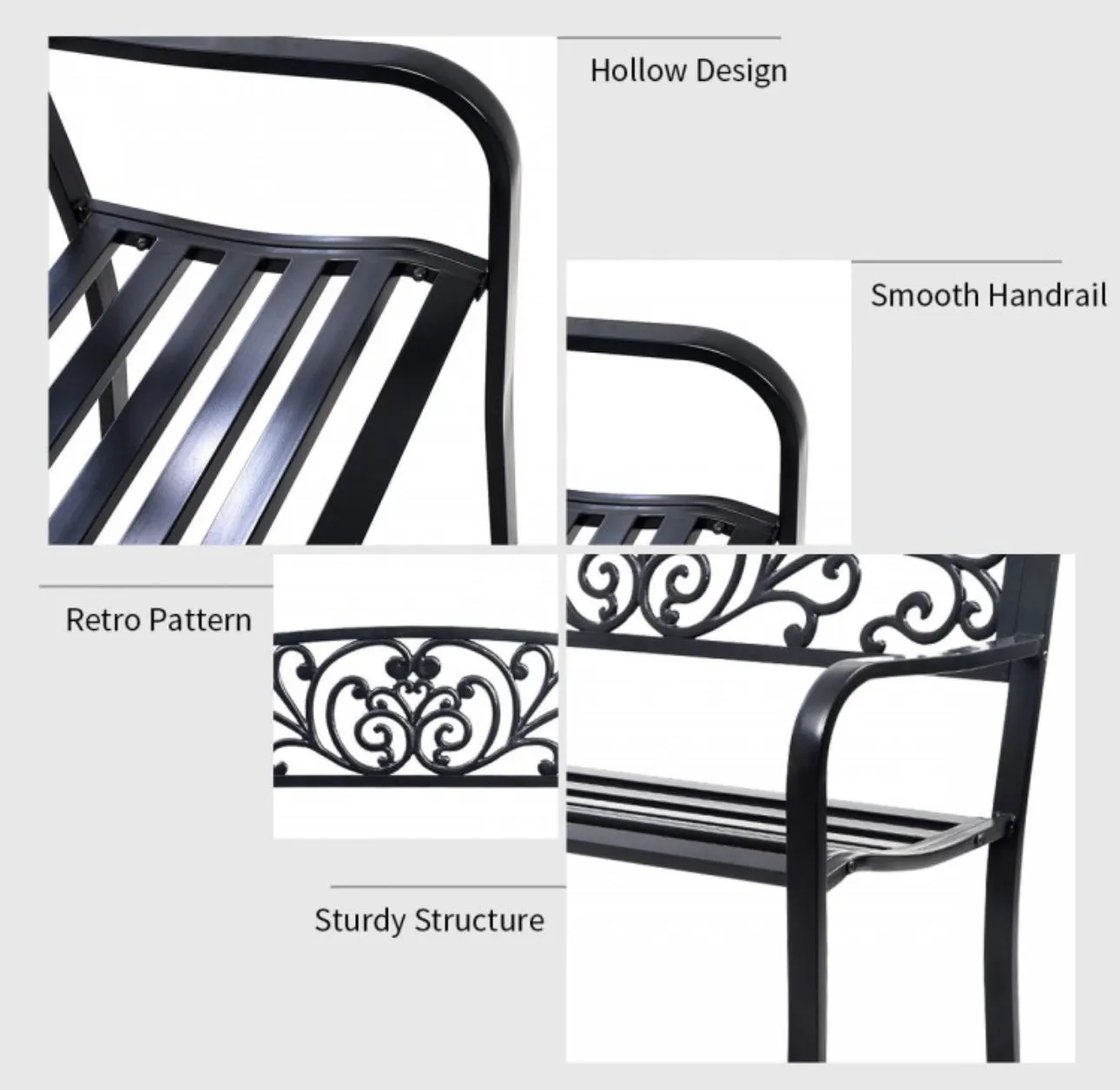 Heavy Duty 50 Inch Weather Resistant Steel Frame Cast Iron Back Rest Patio Bench Porch Chair | Beautiful Design