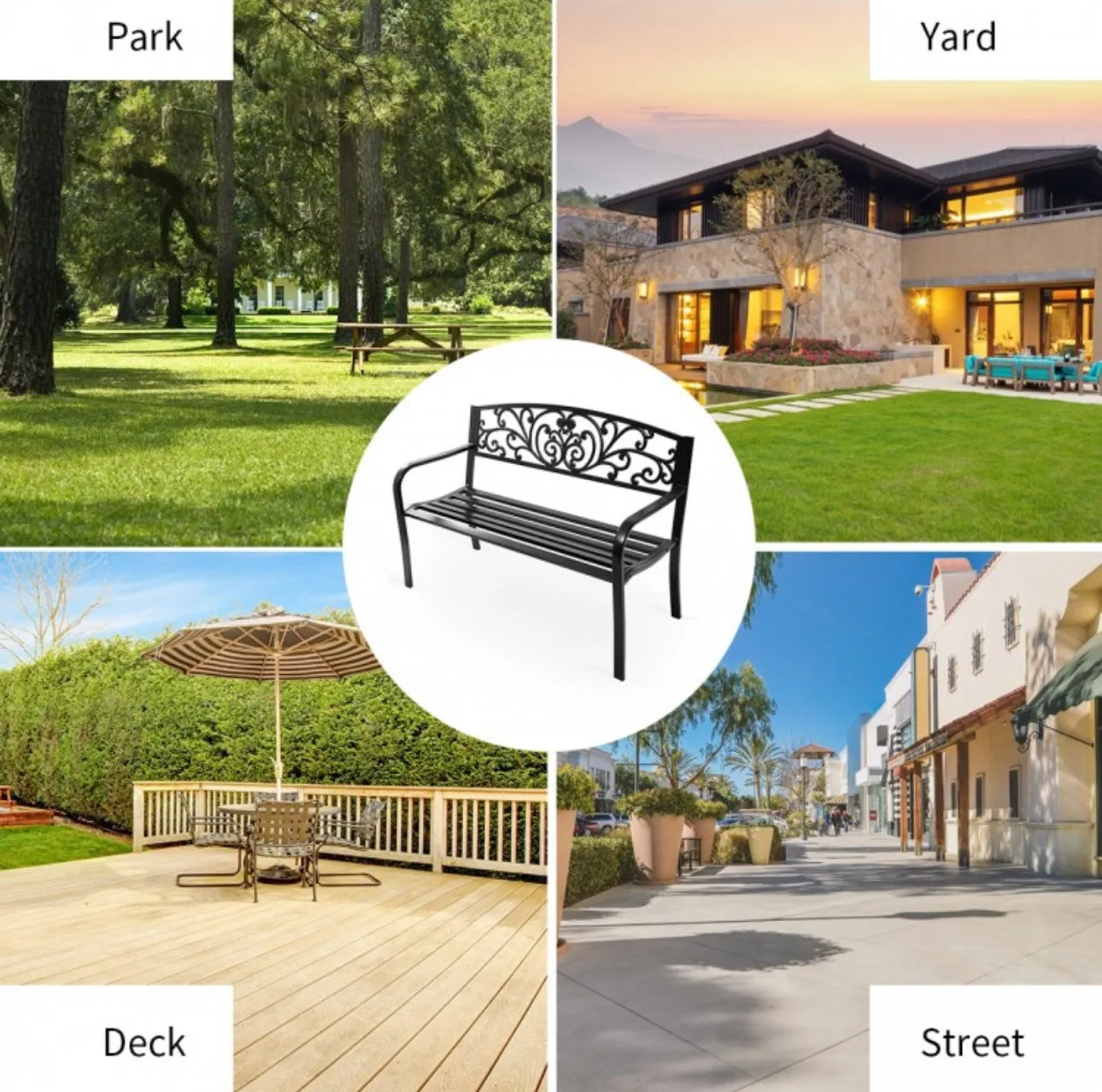 Heavy Duty 50 Inch Weather Resistant Steel Frame Cast Iron Back Rest Patio Bench Porch Chair | Beautiful Design