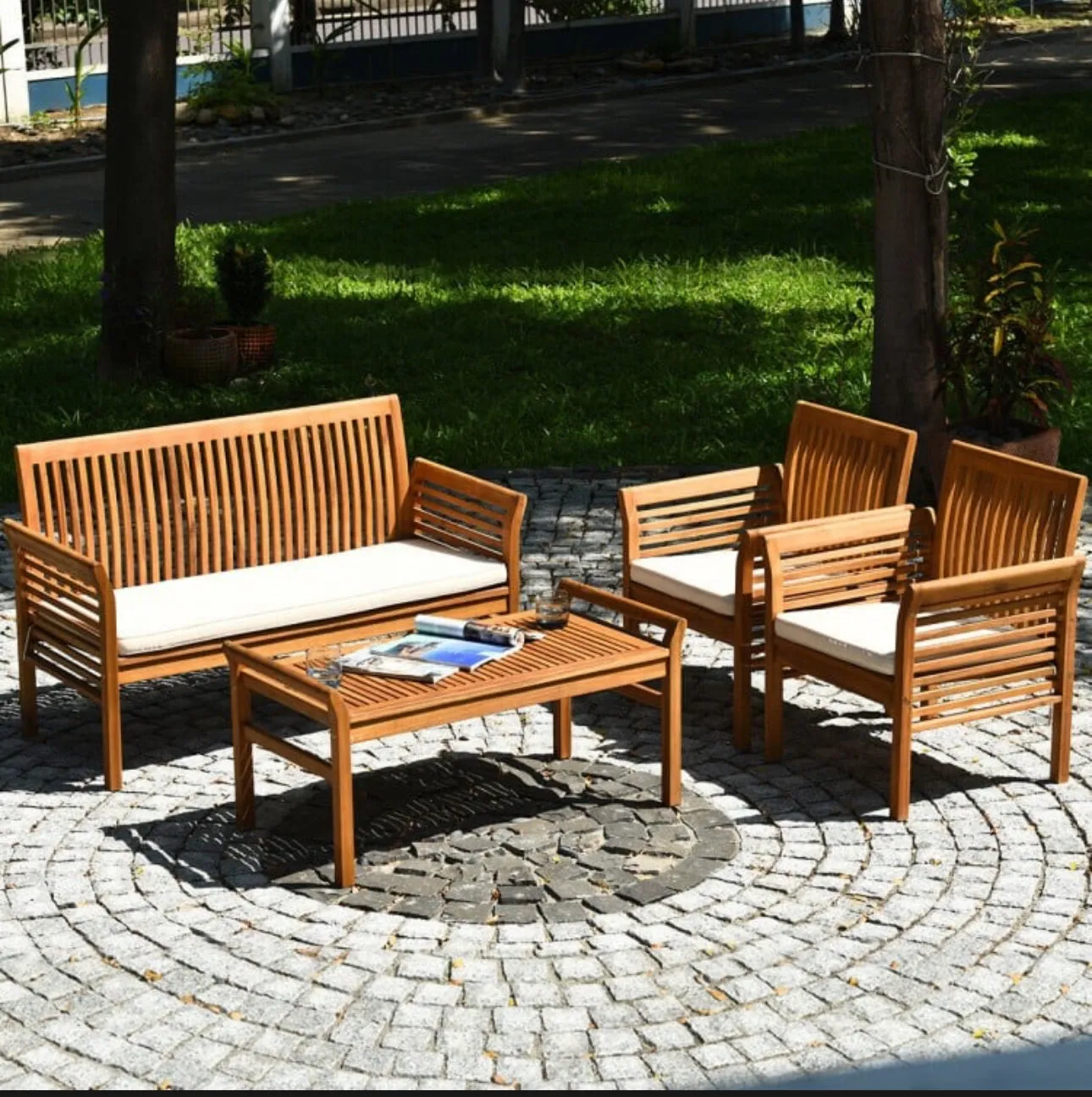 Heavy Duty Comfortable 4-Piece Outdoor Acacia Wood Patio Sofa Furniture Set | Thick Comfy Cushions, Comes With 2 Single Sofas, 1 Love Seat