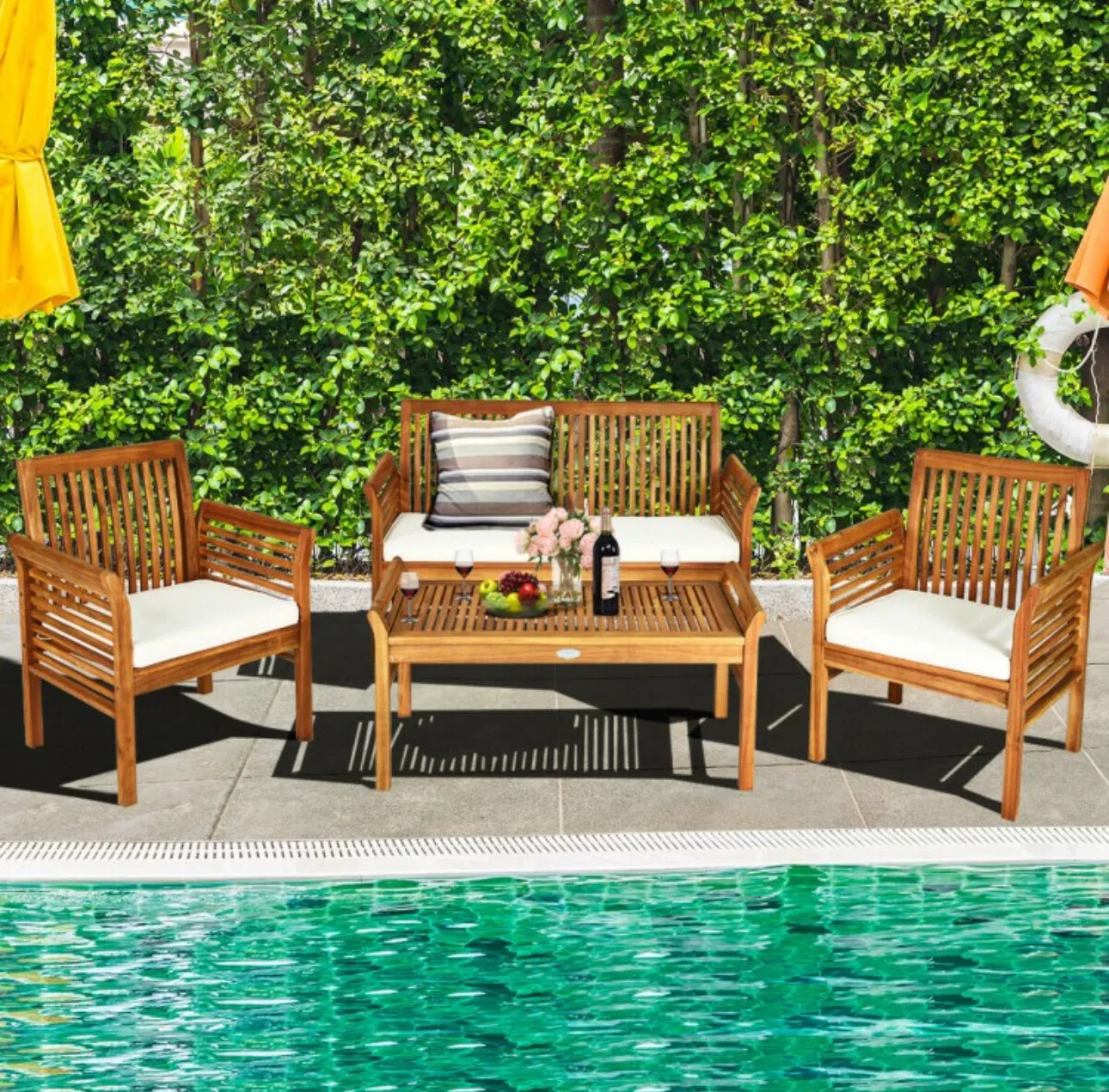 Heavy Duty Comfortable 4-Piece Outdoor Acacia Wood Patio Sofa Furniture Set | Thick Comfy Cushions, Comes With 2 Single Sofas, 1 Love Seat